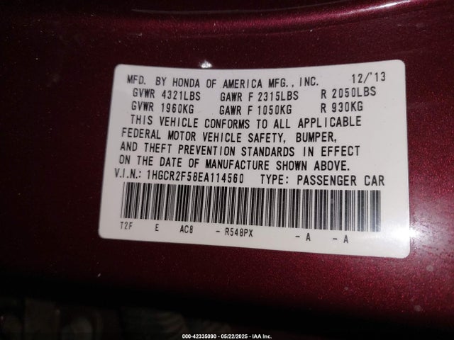 1HGCR2F58EA114560 Honda k24w1