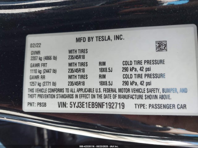 2022 TESLA MODEL 3 5YJ3E1EB9NF192719 Photo 8