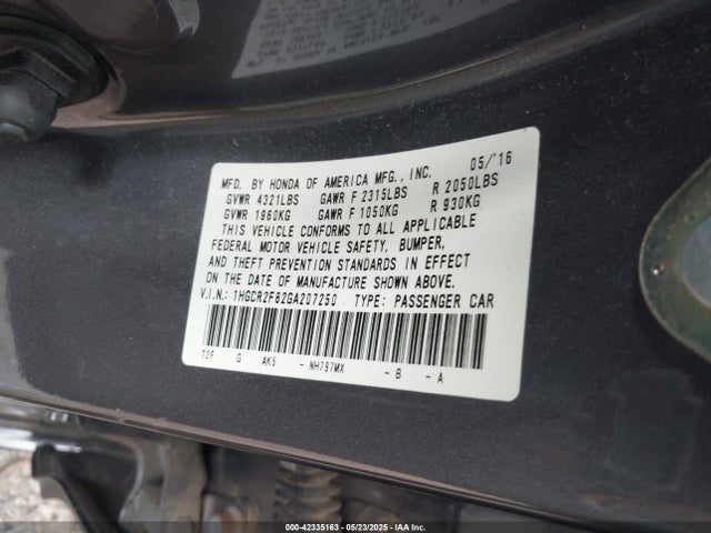 1HGCR2F82GA207250 Honda k24w1