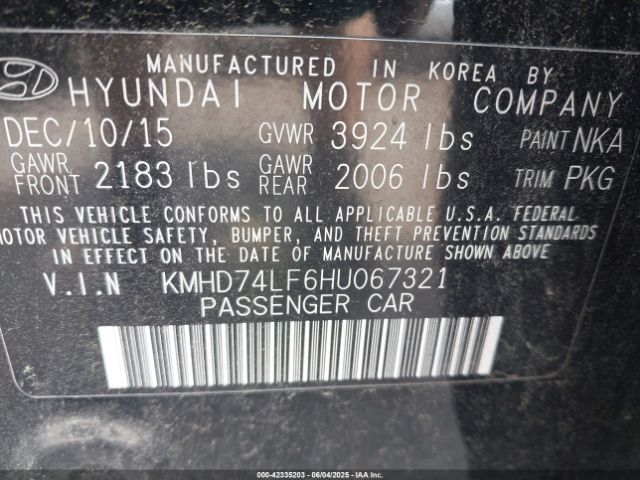 KMHD74LF6HU067321 Hyundai ELANTRA SE