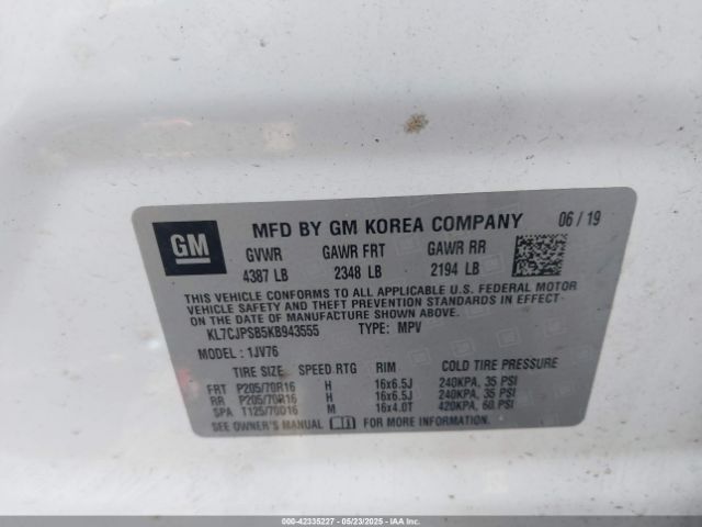 KL7CJPSB5KB943555 Chevrolet Trax Lt