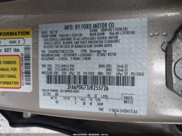 3FA6P0G73JR255726 Ford FUSION S