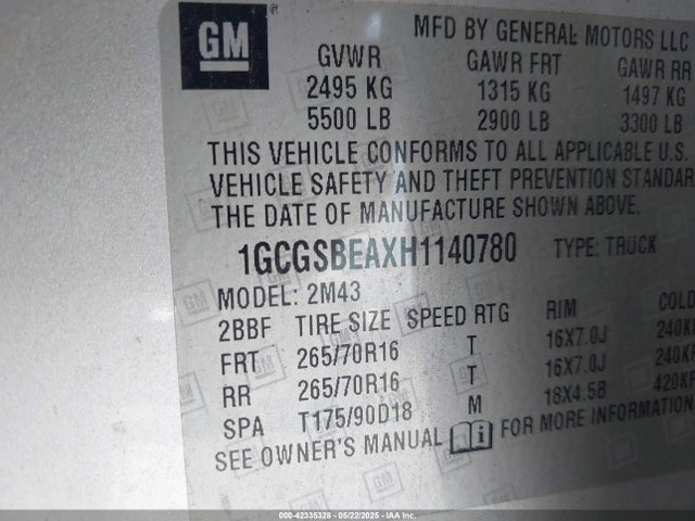 1GCGSBEAXH1140780 Chevrolet lcv - sidi: spark ignited direct injection, vvt: variable valve timing, dcvcp, e85 max, e0-e100, alum