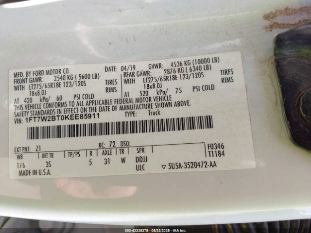 1FT7W2BT0KEE85911 Ford F-250 Xlt