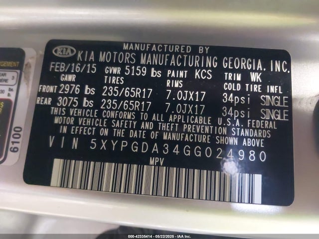 5XYPGDA34GG024980 KIA Sorento 2.4l Lx