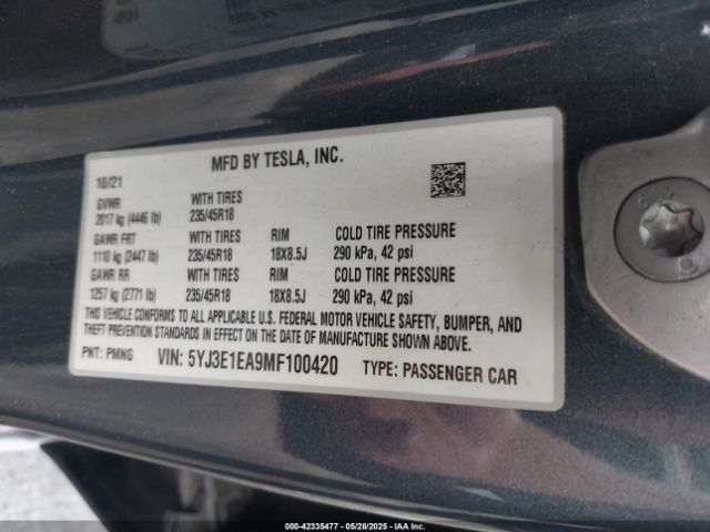 2021 TESLA MODEL 3 5YJ3E1EA9MF100420 Photo 8
