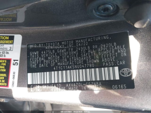 4T1C11AK5NU047780 Toyota a25a-fks