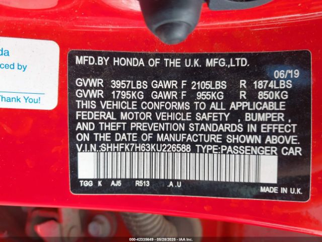 SHHFK7H63KU226588 Honda CIVIC EX