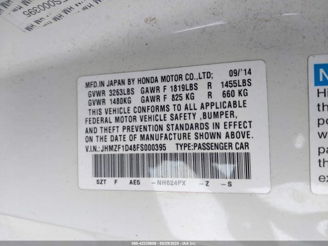 2015 HONDA CR-Z JHMZF1D48FS000395 Photo 8