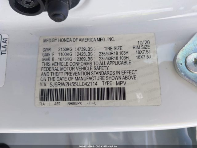 5J6RW2H55LL042114 Honda Cr-v Awd Ex