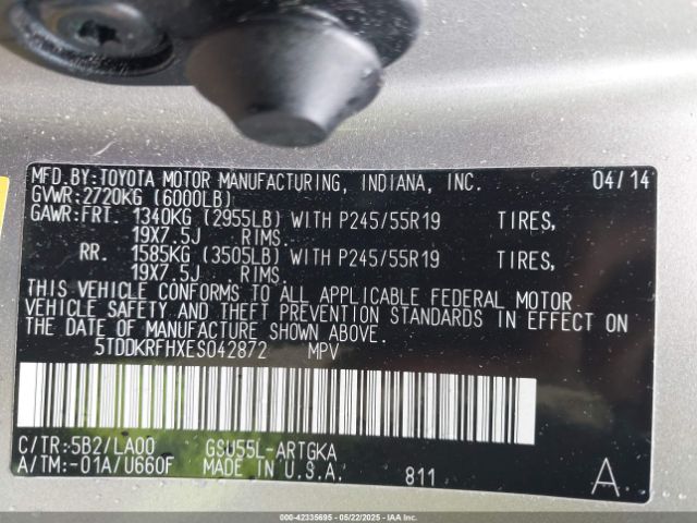 5TDDKRFHXES042872 Toyota Highlander Limited Platinum V6/limited V6