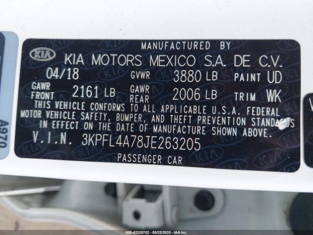 3KPFL4A78JE263205 KIA FORTE S