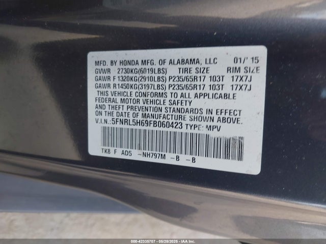 Honda Odyssey Ex-l 2015 5FNRL5H69FB060423 Image 9