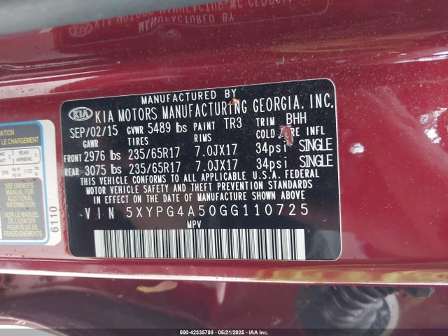 5XYPG4A50GG110725 KIA Sorento 3.3l Lx