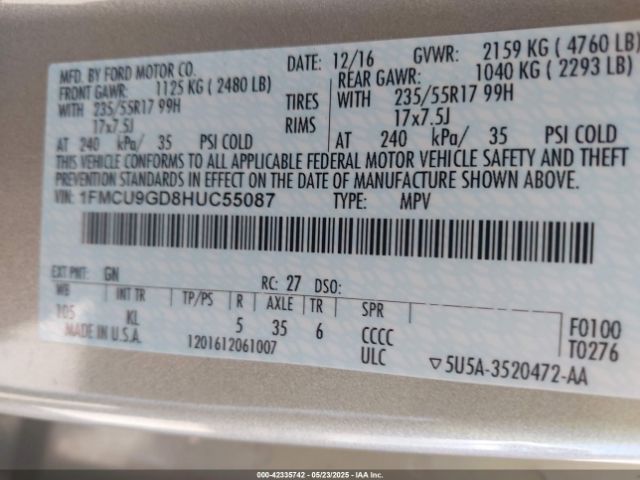 1FMCU9GD8HUC55087 Ford ESCAPE SE