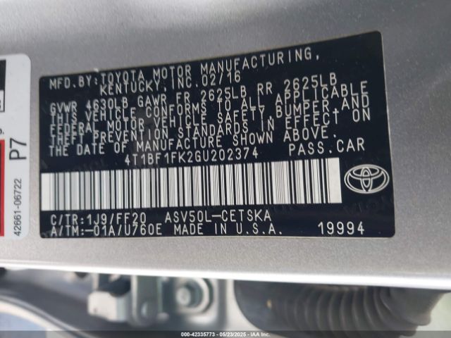 4T1BF1FK2GU202374 Toyota CAMRY SE