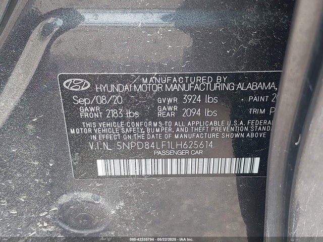 5NPD84LF1LH625614 Hyundai mpi nu