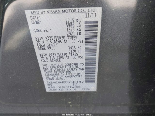 5N1AR2MM4EC650387 Nissan Pathfinder Platinum