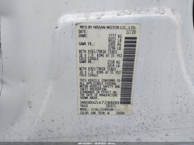 1N6ED0EA2LN728600 Nissan Frontier Sv 4x2