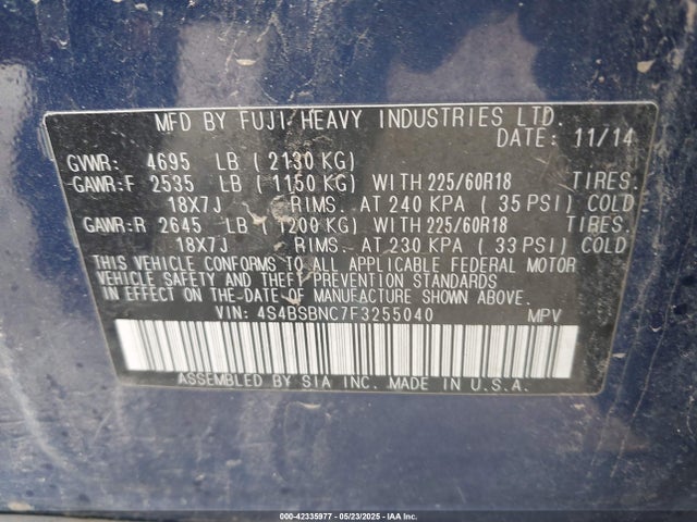 Subaru 2.5l u6 2015 4S4BSBNC7F3255040 Image 9