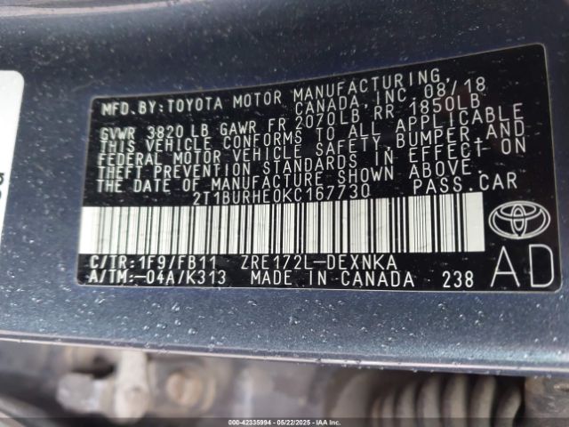 2T1BURHE0KC167730 Toyota COROLLA LE