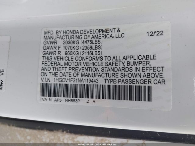 2022 HONDA ACCORD 1HGCV1F31NA119443 Photo 8