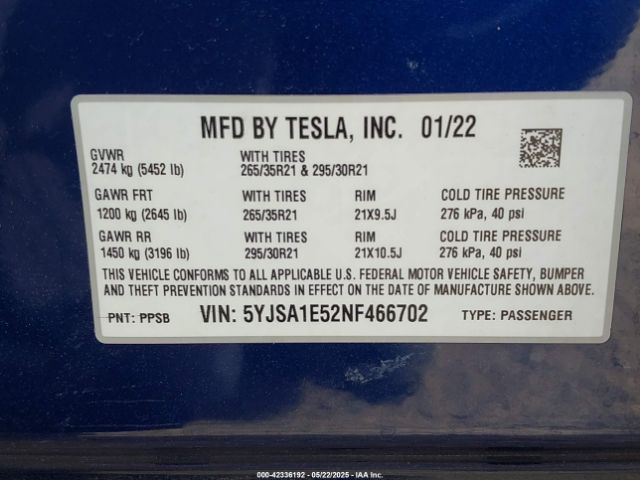 5YJSA1E52NF466702 Tesla Model S Dual Motor All-wheel Drive