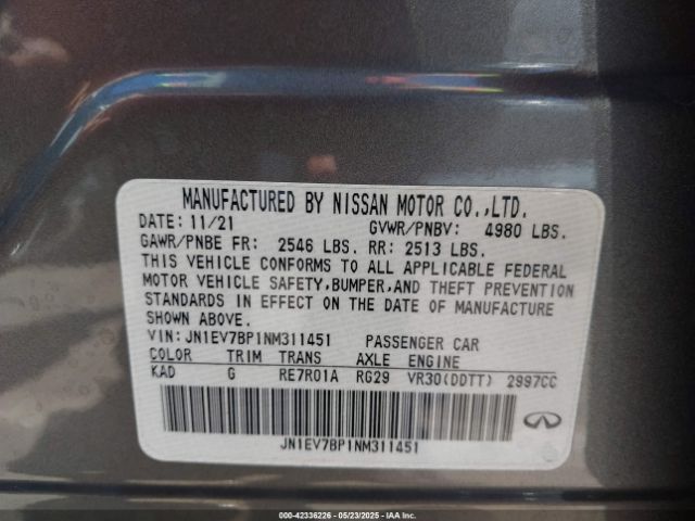 JN1EV7BP1NM311451 Infiniti 3.0l t