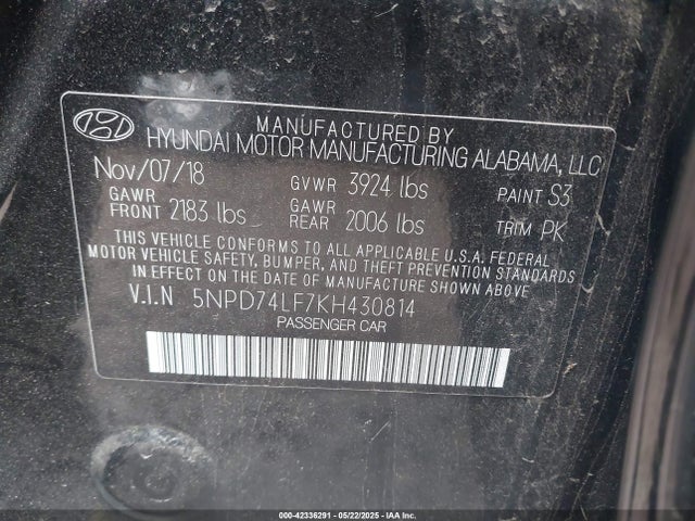 5NPD74LF7KH430814 Hyundai ELANTRA SE
