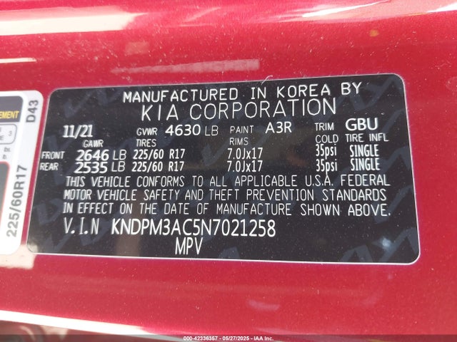 KNDPM3AC5N7021258 KIA gdi theta-ii