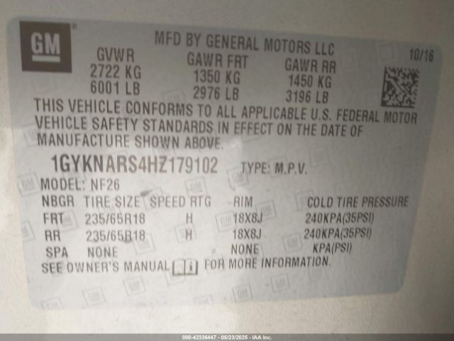 1GYKNARS4HZ179102 Cadillac Xt5 Standard