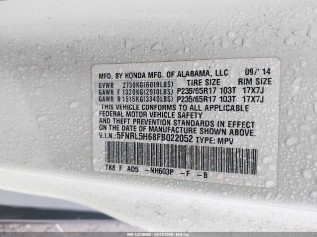 5FNRL5H68FB022052 Honda Odyssey Ex-l