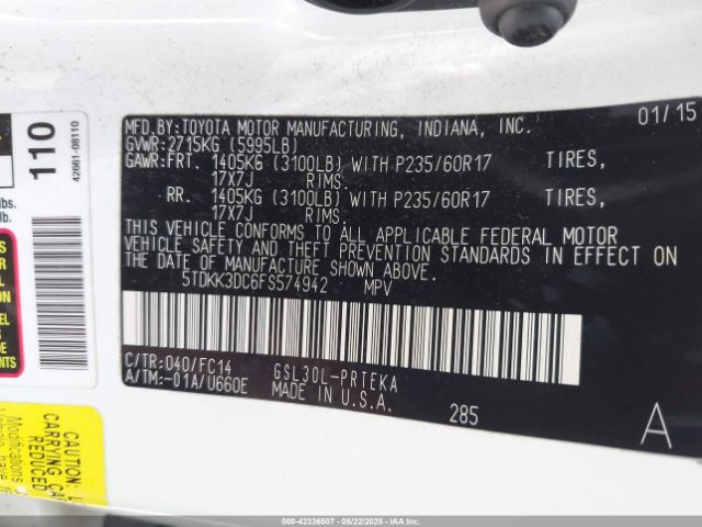 5TDKK3DC6FS574942 Toyota Sienna Le 8 Passenger