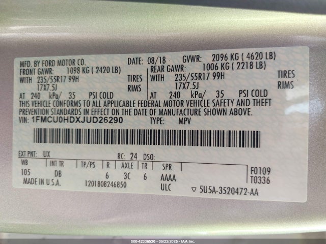1FMCU0HDXJUD26290 Ford ESCAPE SEL