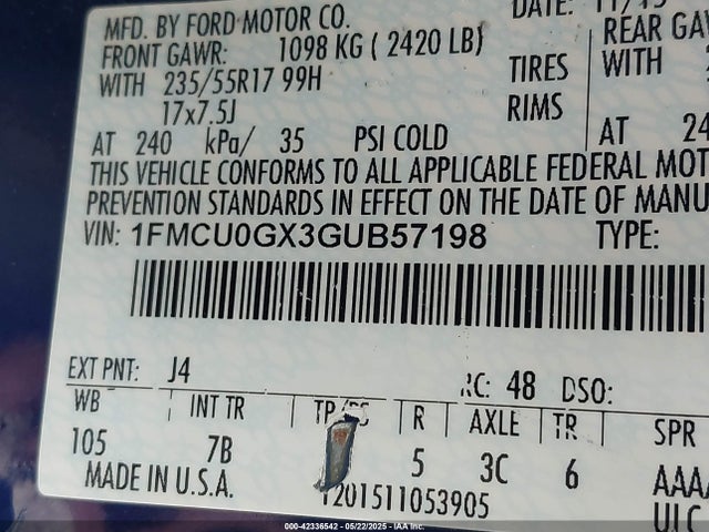 1FMCU0GX3GUB57198 Ford ESCAPE SE