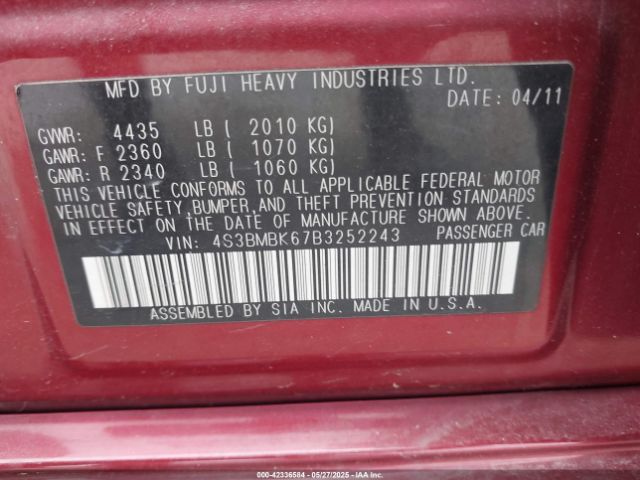 2011 SUBARU LEGACY 4S3BMBK67B3252243 Photo 8