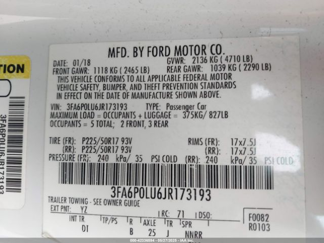 3FA6P0LU6JR173193 Ford Fusion Hybrid Se