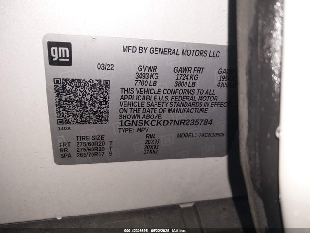1GNSKCKD7NR235784 Chevrolet Suburban 4wd Lt