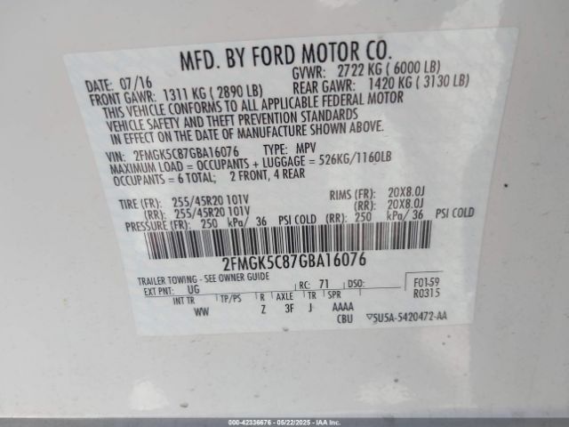 2FMGK5C87GBA16076 Ford FLEX SEL
