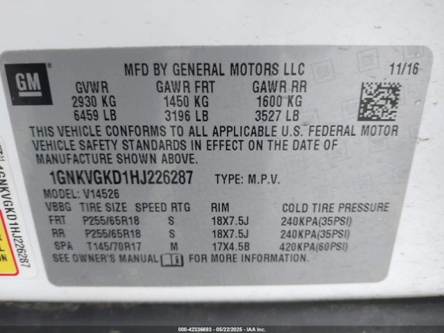 1GNKVGKD1HJ226287 Chevrolet Traverse 1lt