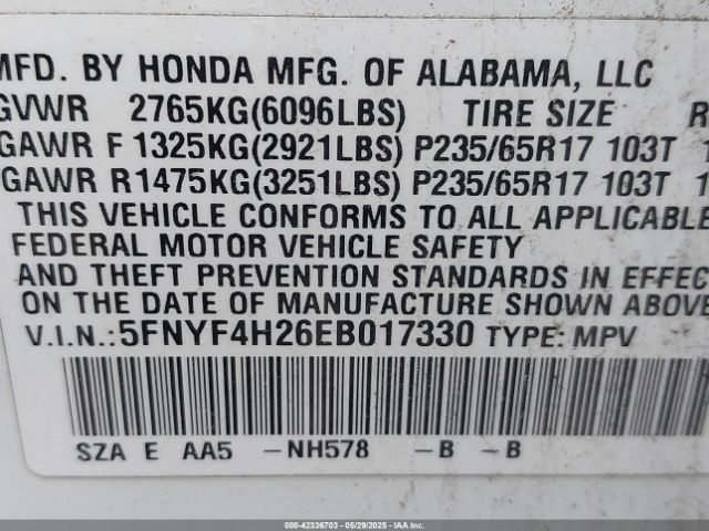 5FNYF4H26EB017330 Honda PILOT LX