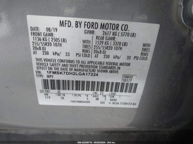 2020 FORD EXPLORER 1FMSK7DH2LGA17224 Photo 8