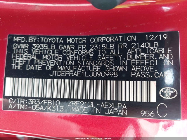 JTDEPRAE1LJ090998 Toyota 2zr-fae