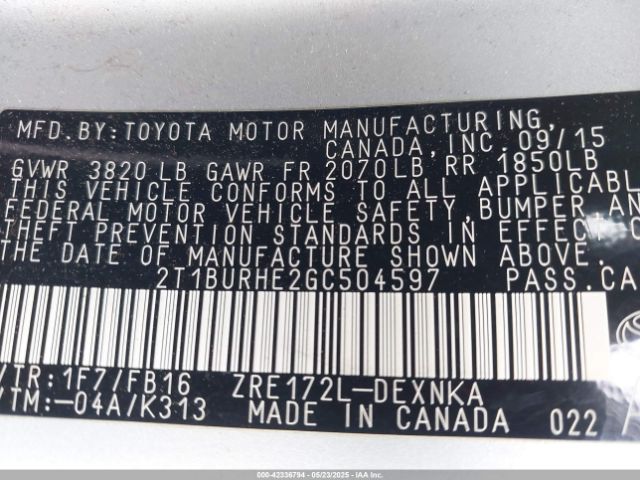 2T1BURHE2GC504597 Toyota COROLLA LE