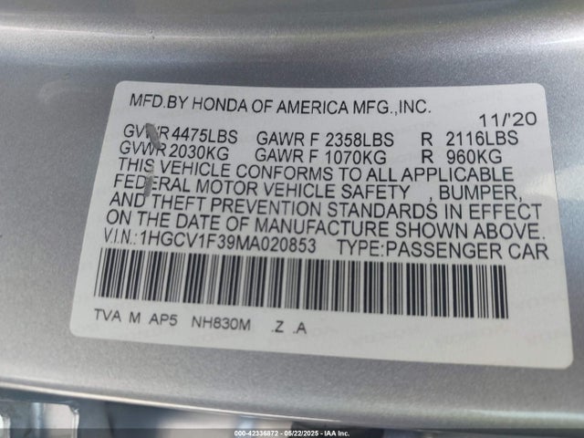 1HGCV1F39MA020853 Honda l15be