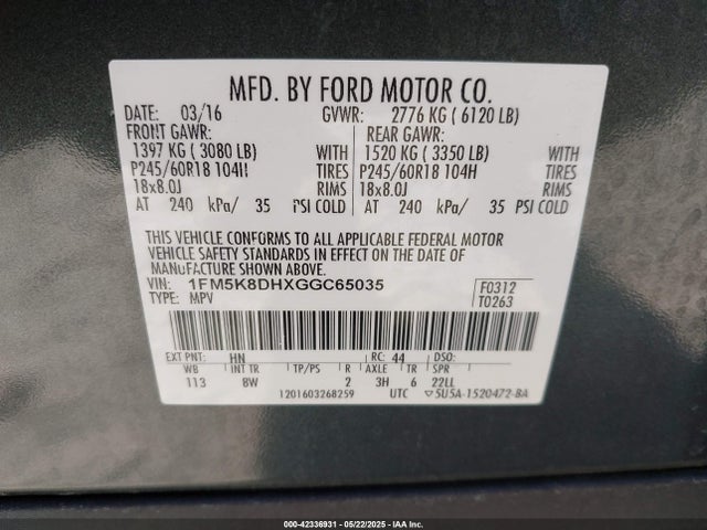 1FM5K8DHXGGC65035 Ford EXPLORER XLT