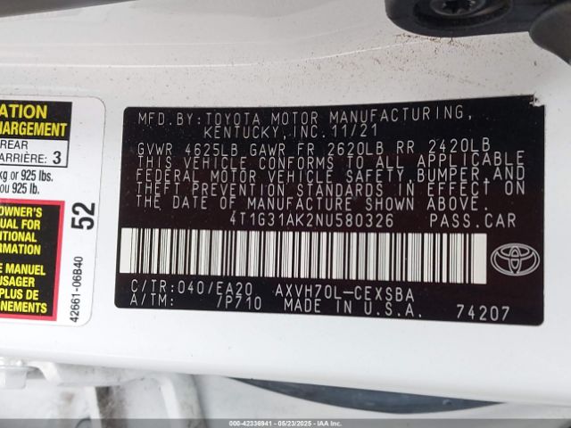 4T1G31AK2NU580326 Toyota Camry Nightshade Edition Hybrid/se Hybrid