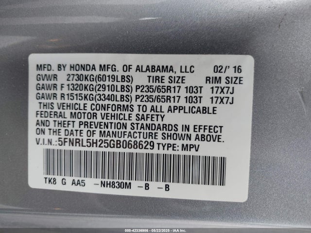 5FNRL5H25GB068629 Honda j35z8