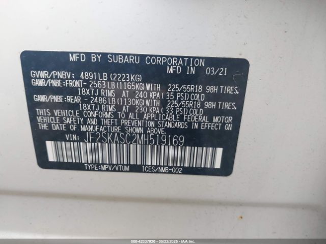 JF2SKASC2MH519169 Subaru Forester Limited