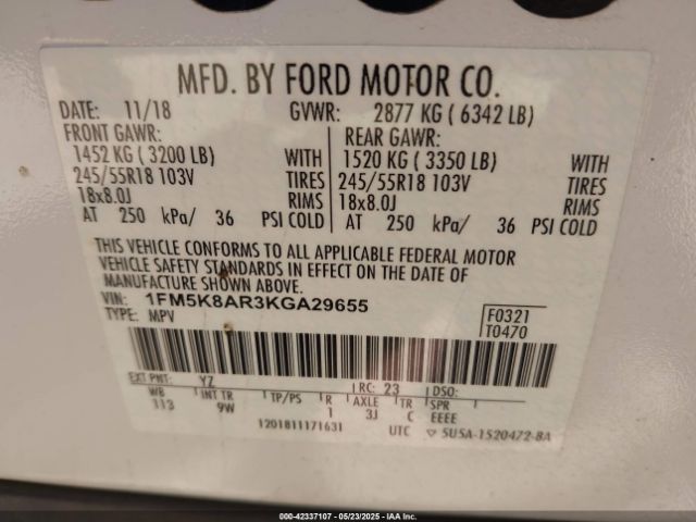 1FM5K8AR3KGA29655 Ford Police Interceptor